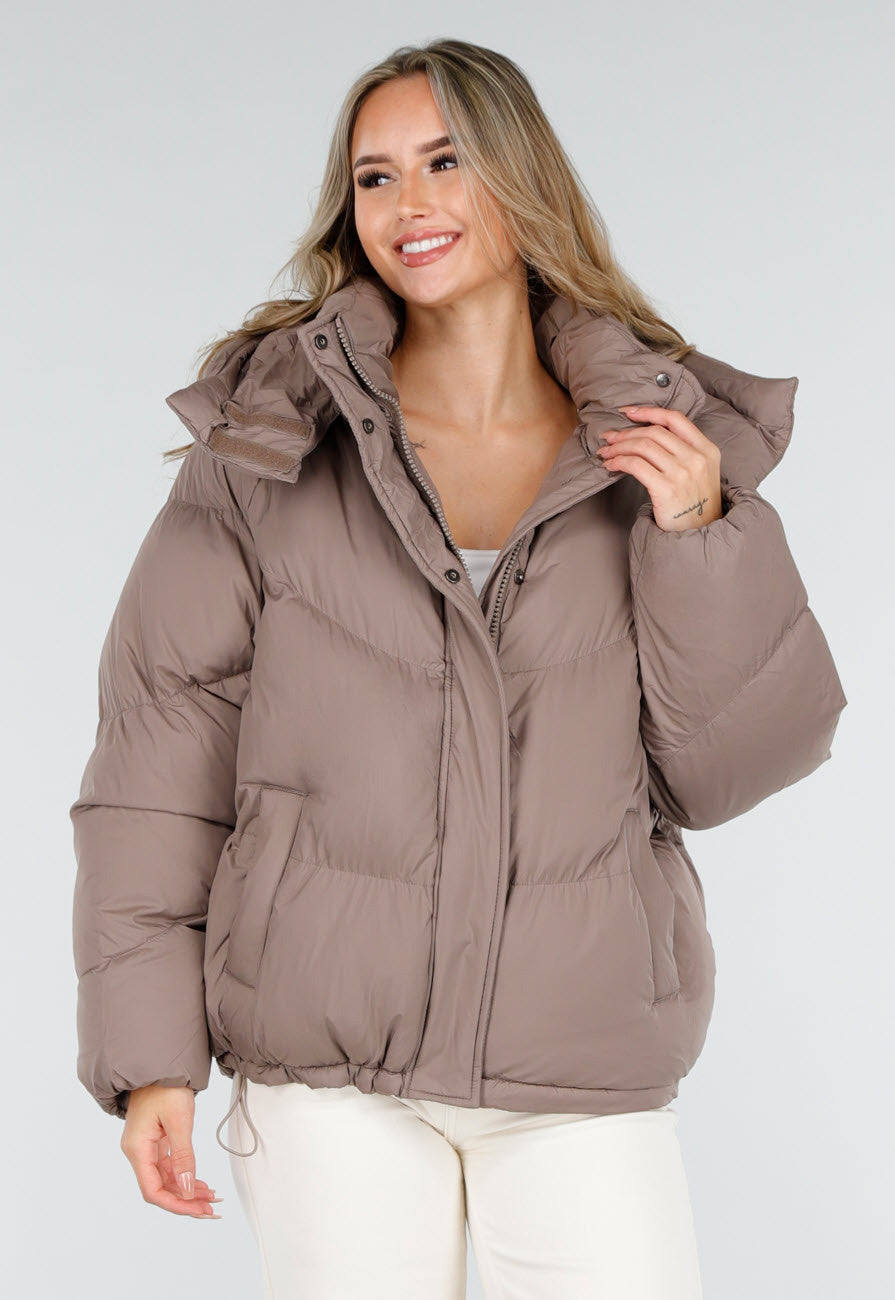 Taupe Pufferjas met Capuchon en Rits