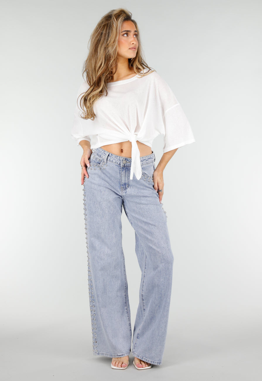 Lichtblauwe Denim Wide Leg Jeans met Studs en High Waist