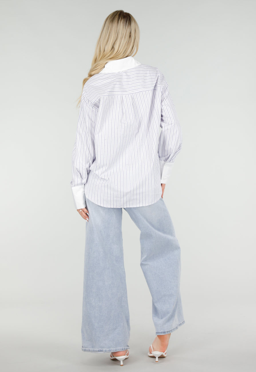 Wit Gestreepte Blouse met Strass Steentjes en Lange Mouwen