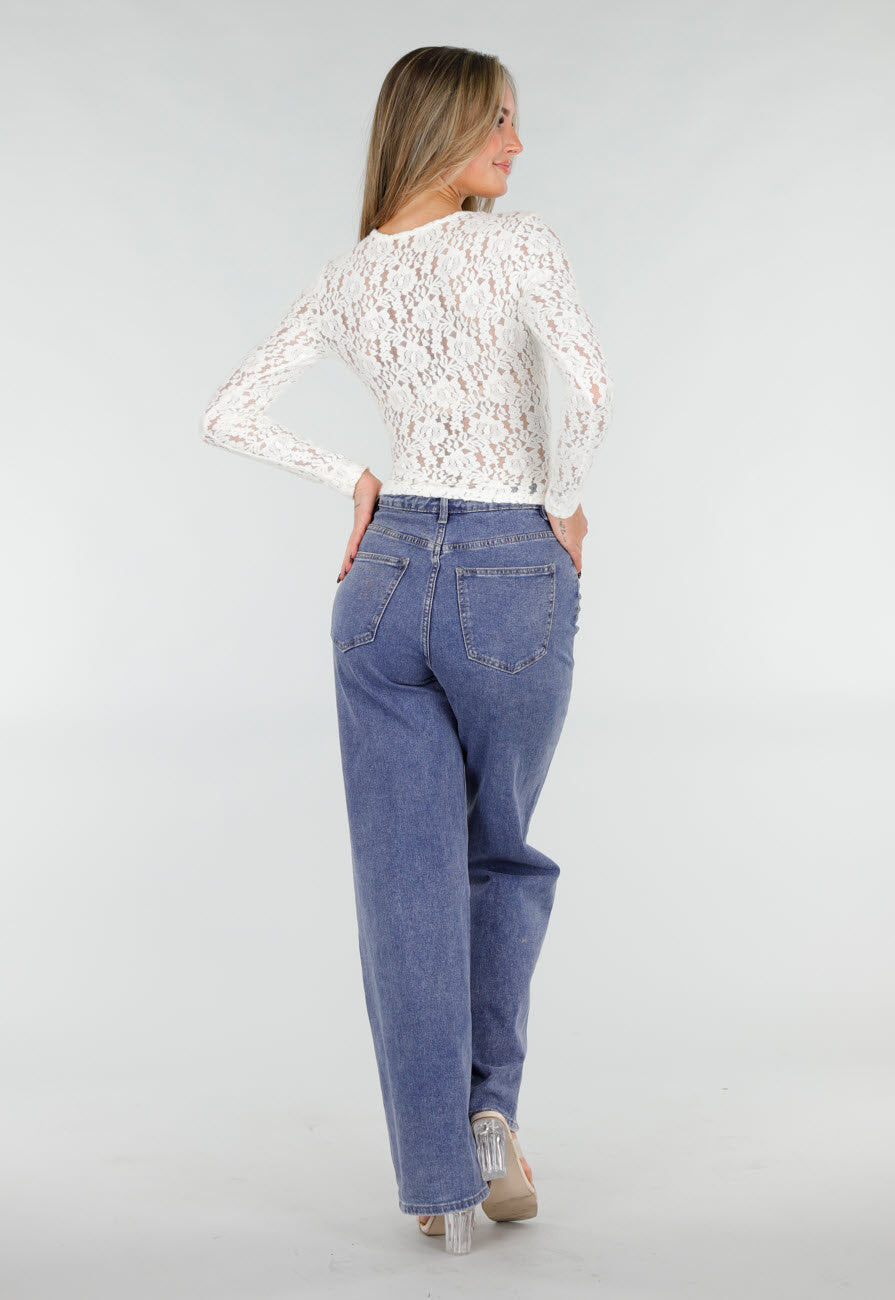 Witte Kanten Wikkel Top met Lange Mouwen