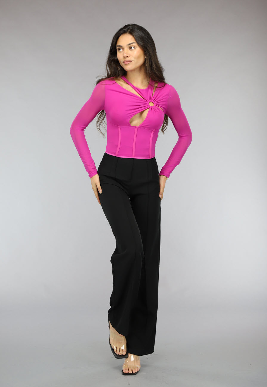 Longsleeve Fuchsia Mesh Korset Top met Cutouts