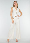 Beige Two Piece Set met Gilet en Pantalon met Gouden Knopen