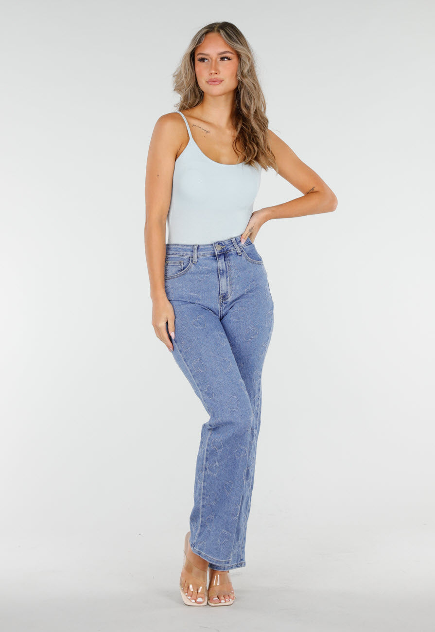 Lichtblauwe High Waist Jeans met Geruwde Hartjes