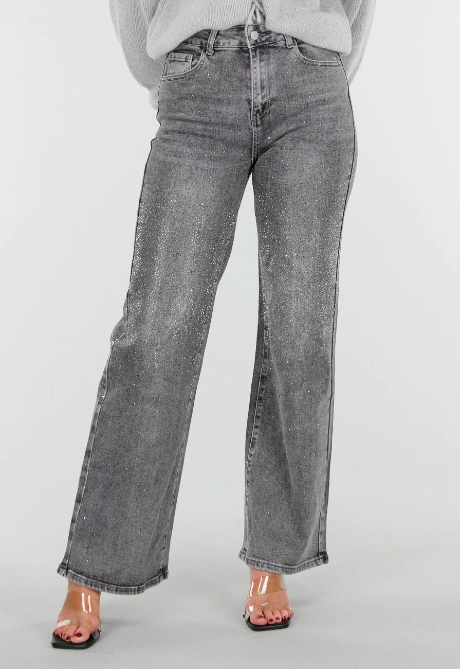 Grijze Wide Leg Jeans met Hoge Taille en Strass Details
