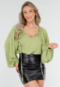 Olijfgroene Blouse met V-hals en Geknoopte Koordjes