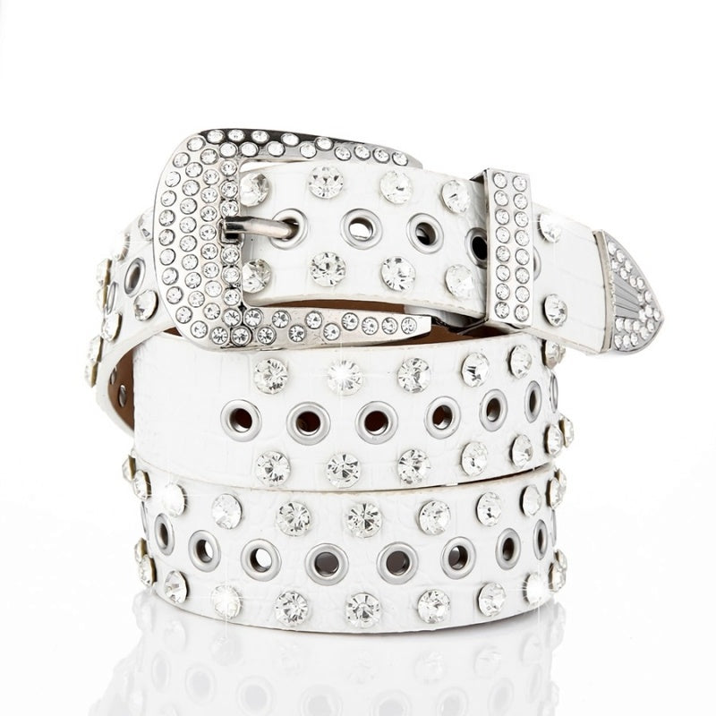Grove Witte Lederlook Riem met Strass