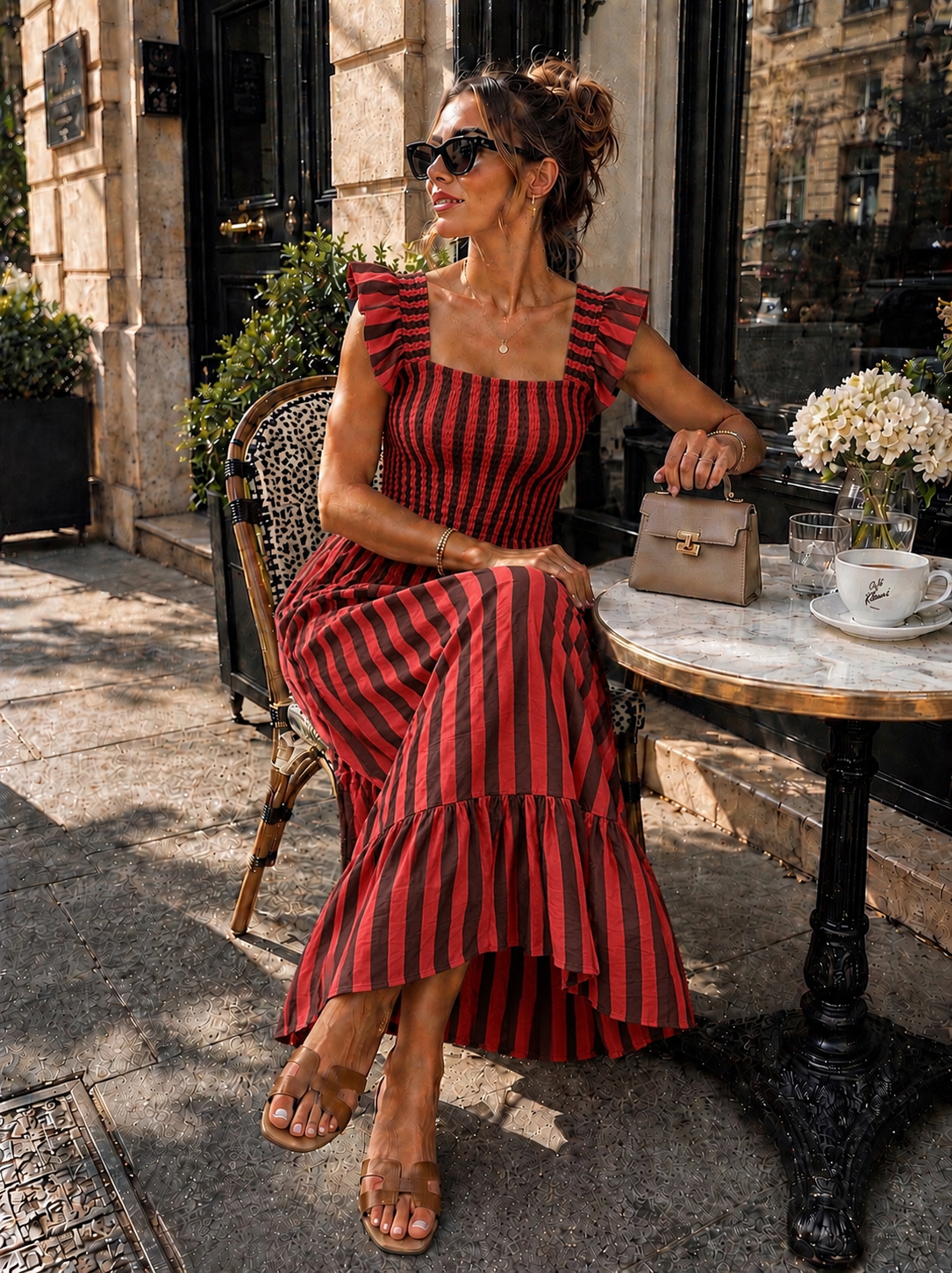 Rood Gestreepte Midi Jurk met Smockdetail en Ruffle Mouwen