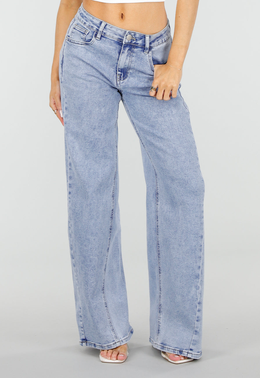 Lichtblauwe Wide Leg Jeans met Mid Waist