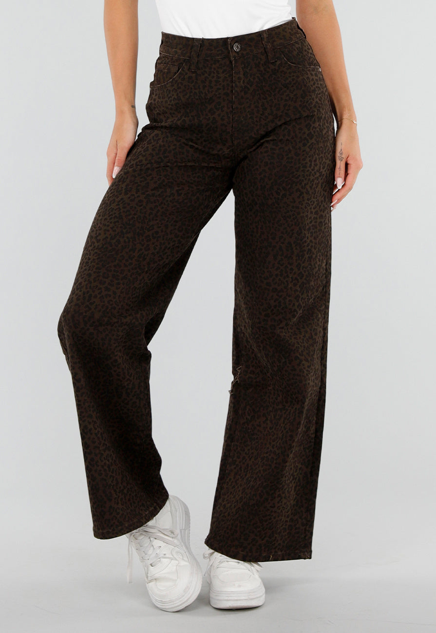 NEW290726 Bruine Wide Leg Jeans met Luipaardprint en Stretch