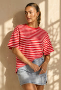 Rood Roze Gestreept T-shirt met Korte Mouwen en Ronde Hals