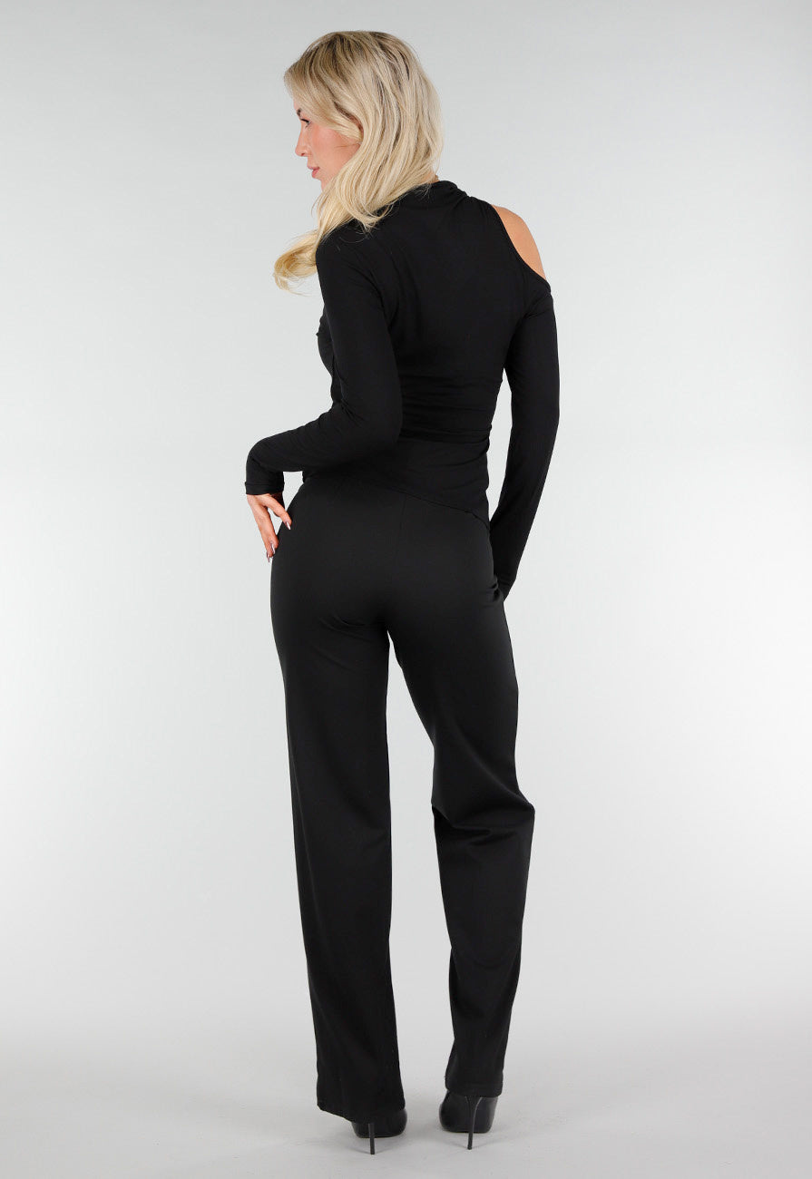 Zwarte One Shoulder Top met Lange Mouwen en Ring