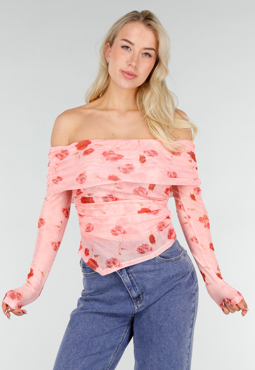 Roze Off Shoulder Mesh Top met Bloemenprint