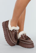 Bruine Instappers met Faux Fur en Witte Borduursels