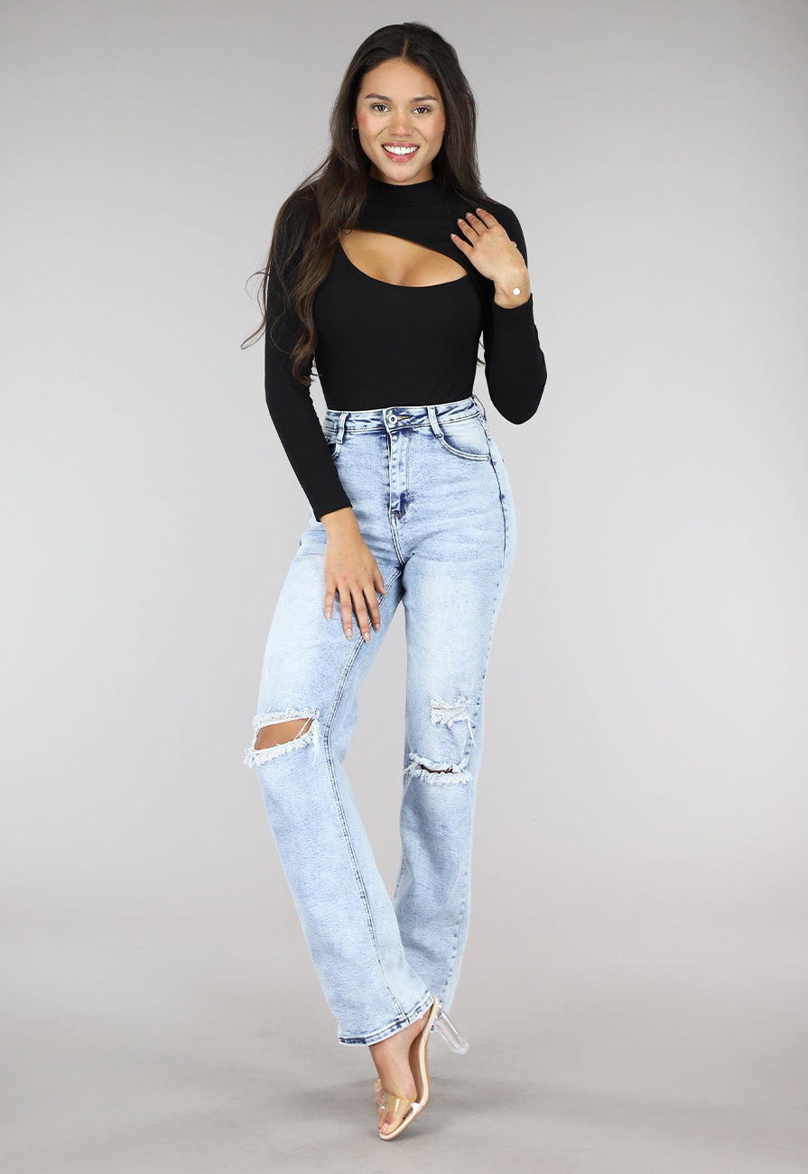 Zwarte Rib Bodysuit met Uitsnede