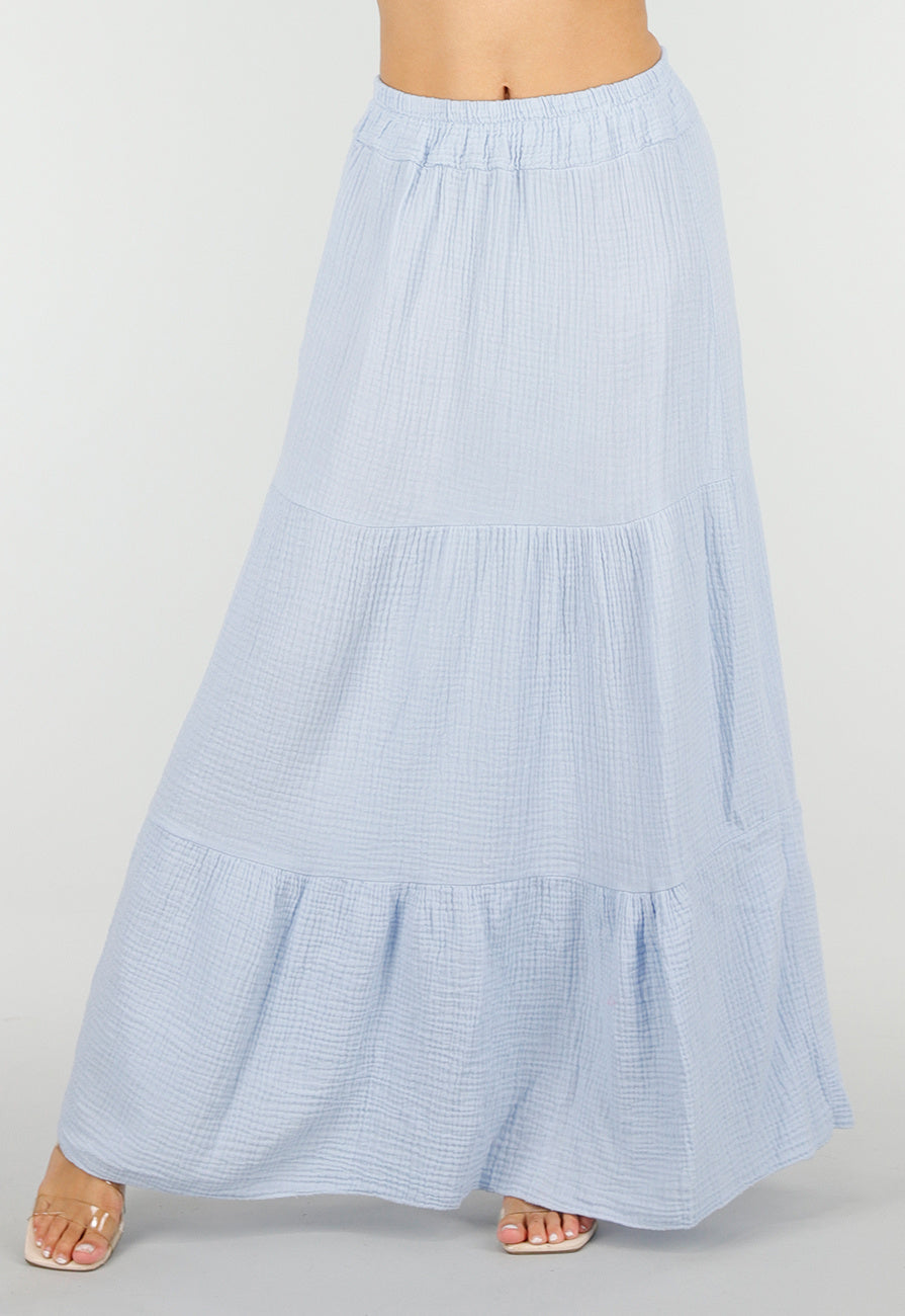 Lichtblauwe Mousseline Maxi Rok met Elastische Taille