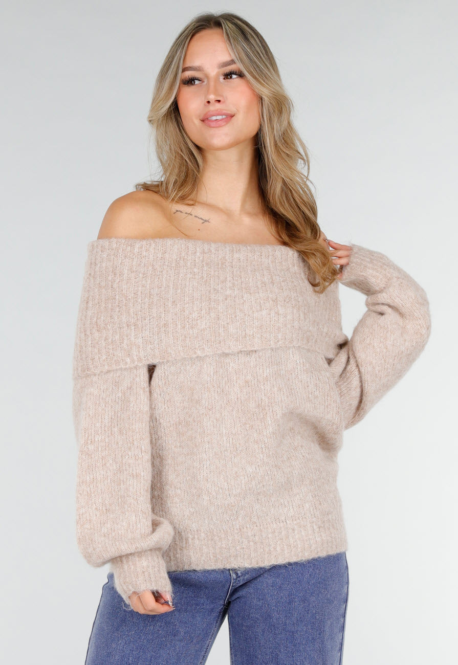 Beige Off Shoulder Wollen Gebreide Trui en Losse Pasvorm