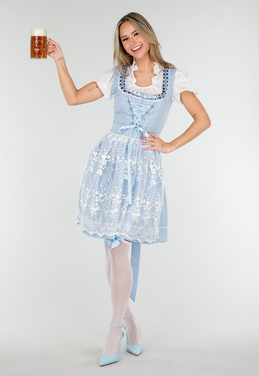 Blauw Oktoberfest Jurkje met Wit Kant en Vetersluiting