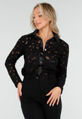 Zwarte Kanten Blouse met Satijnen Details en Lange Mouwen