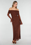 Bruine Off Shoulder Maxi Glitter Jurk met Lange Mouwen