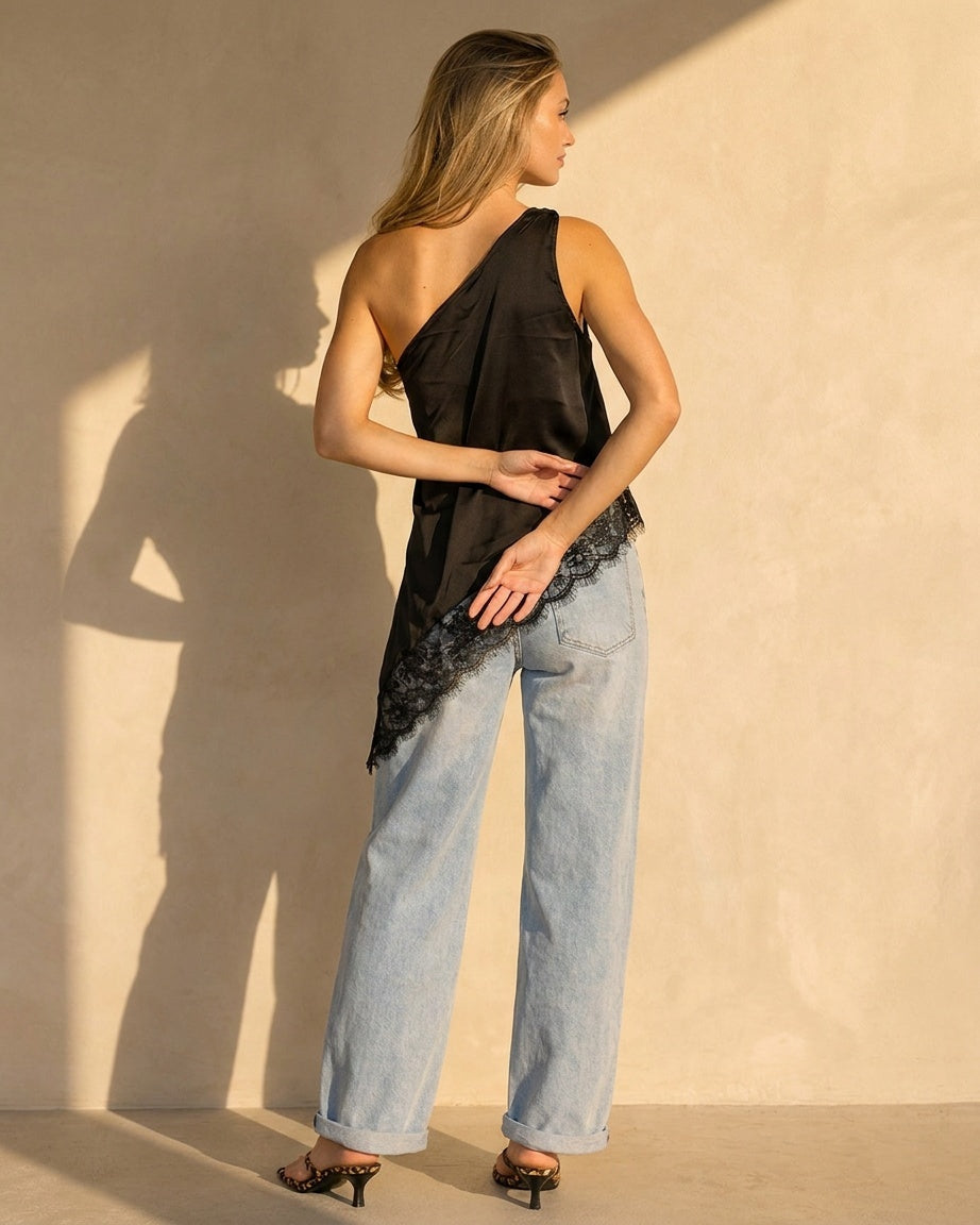 NEW080726 Zwarte One Shoulder Top met Kanten Zoom
