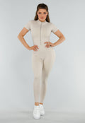 Beige Sport Jumpsuit met Korte Mouwen en Rits