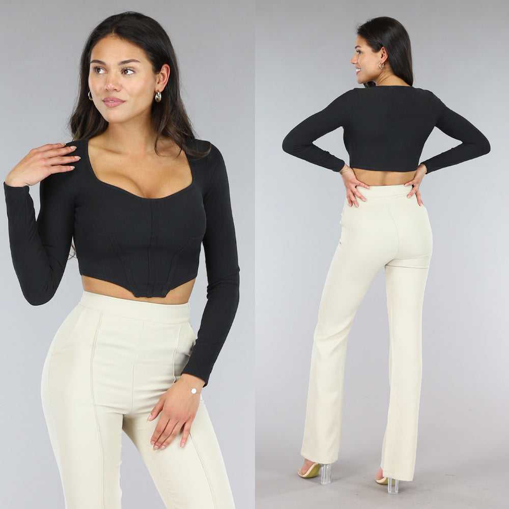Zwarte Lange Mouwen Rib Crop Top