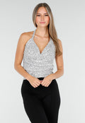 Zilveren Haltertop met Glitters en Open Rug
