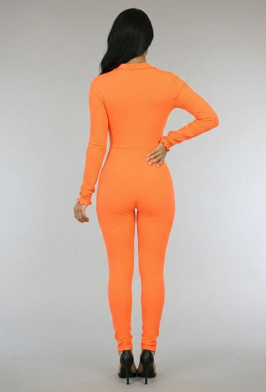 Oranje Stretch Rib Jumpsuit met Rits