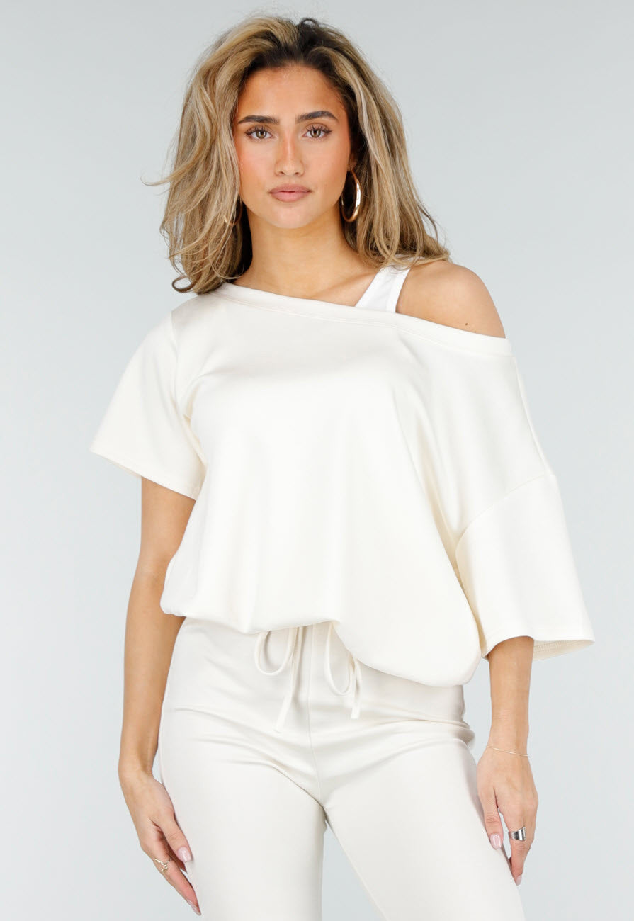 Beige One Shoulder Top met Ingewerkte Top en Stretch
