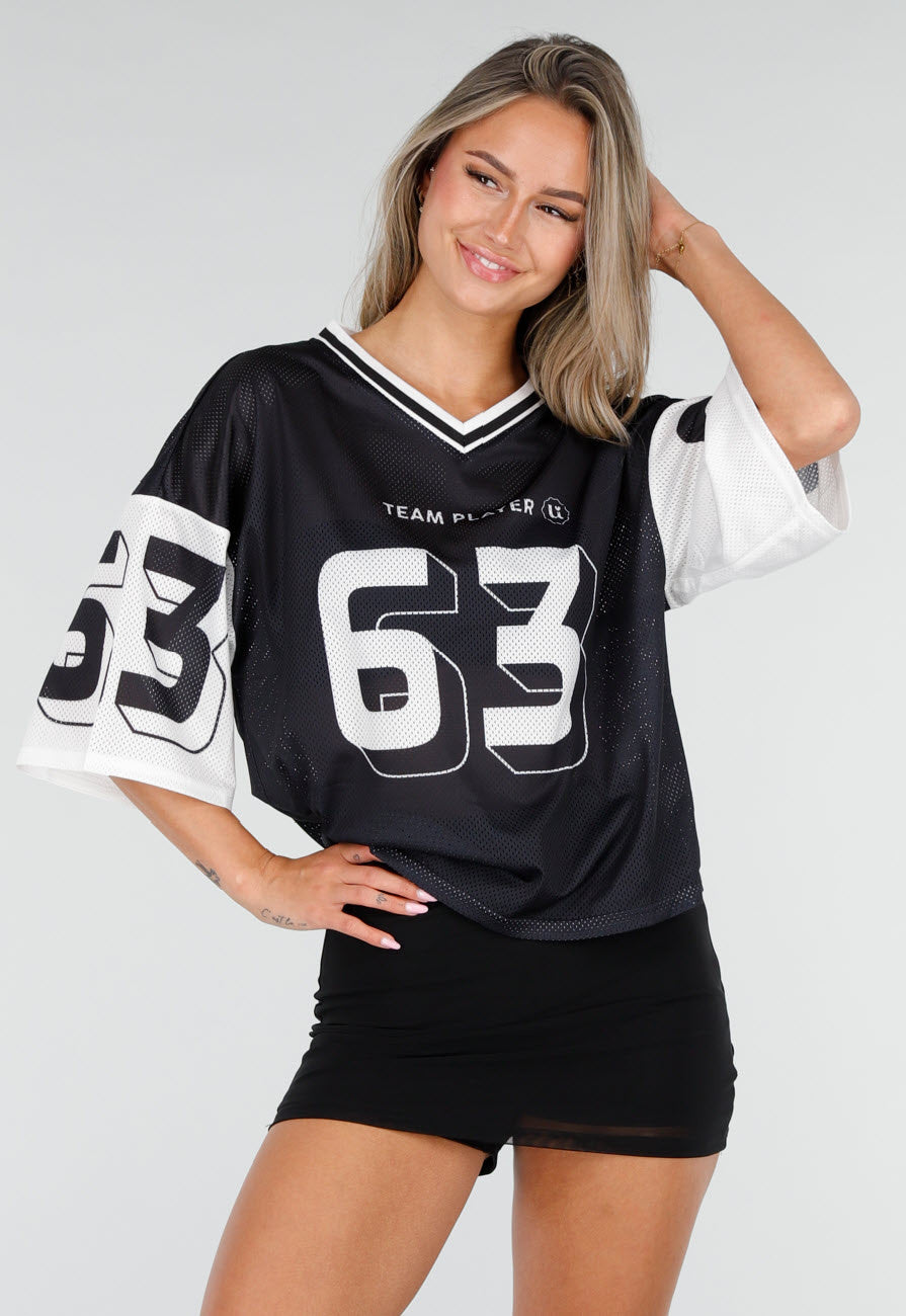 Zwarte Mesh Oversized Stretch Jersey T-Shirt met V-Hals