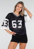Zwarte Mesh Oversized Stretch Jersey T-Shirt met V-Hals