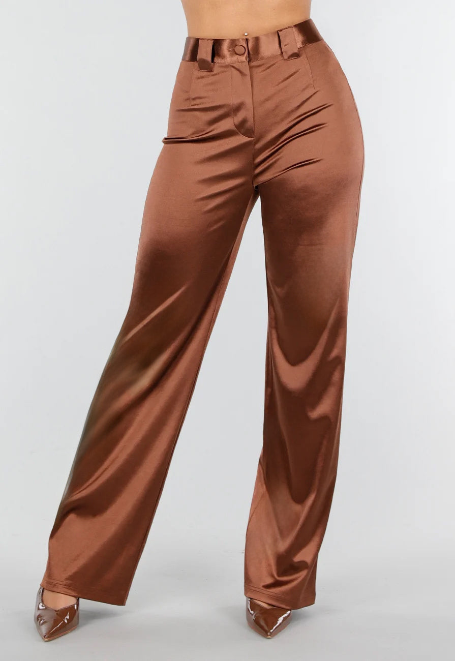 Bruine Satijnen Pantalon met Hoge Taille