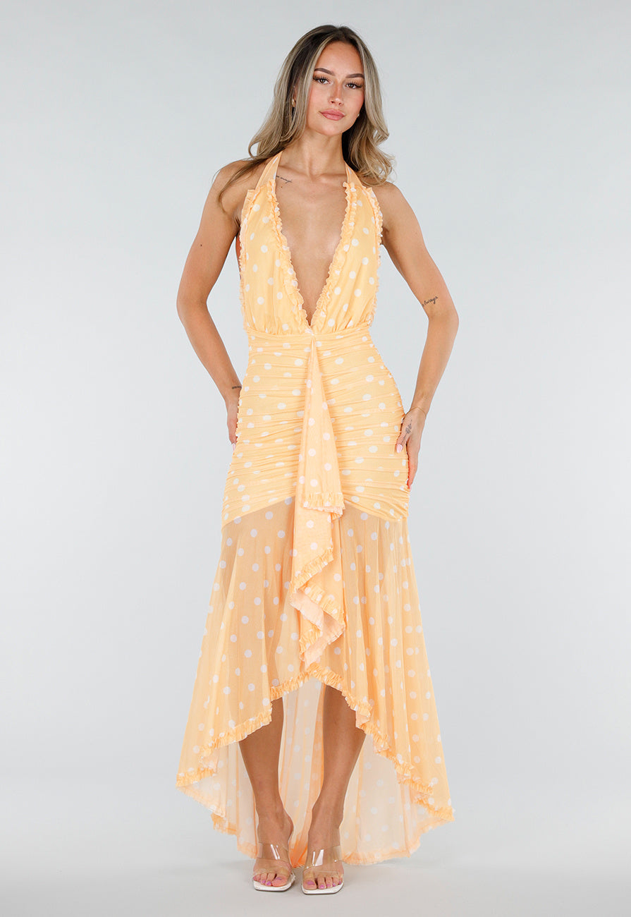 NEW080726 Butter Yellow Halter Maxi Jurk met Polkadot Print, Stretch en Mesh