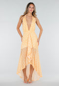 NEW080726 Butter Yellow Halter Maxi Jurk met Polkadot Print, Stretch en Mesh