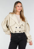 Beige Oversized Faux Leather Jasje met Pofmouwen