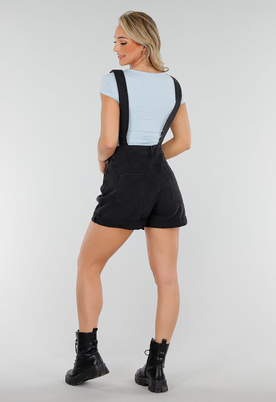 Zwarte Denim Tuinbroek Playsuit met Zakken en Verstelbare Bandjes