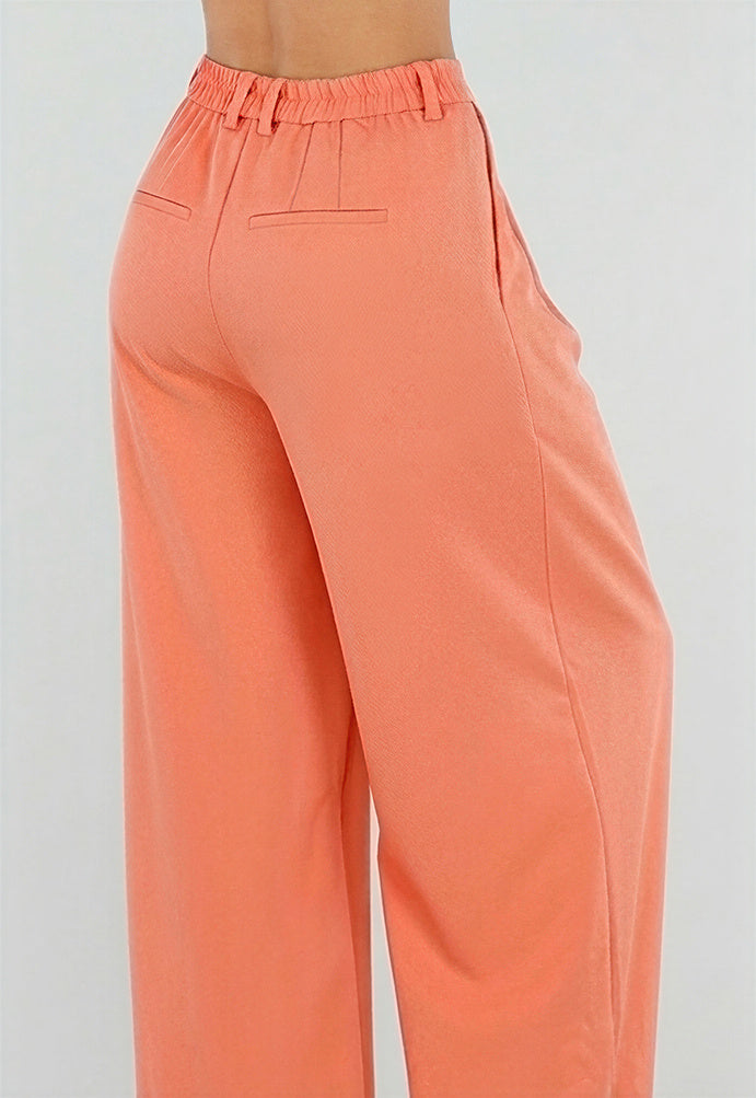 NEW190826 Koraalkleurige Tall Pantalon met Wijde Pijpen en Plooien