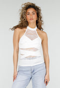 Witte Halter Top met Kant Inzet en Mesh Details