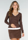 Bruine Longsleeve Top met V-Hals en Witte Boorden