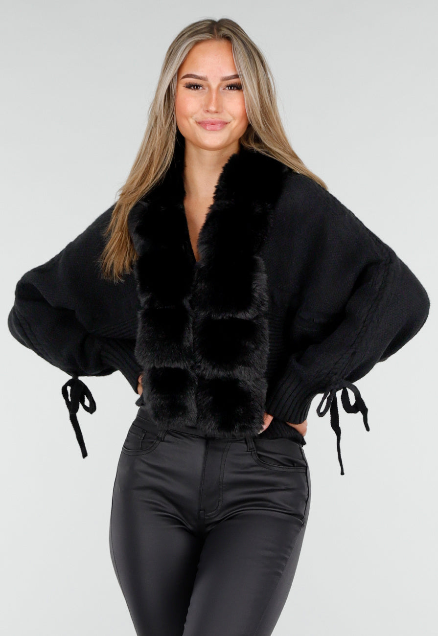 Zwarte Gebreide Cardigan met Faux Fur Kraag en Strikdetails