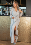 Grijze Lange Glitter Jurk met Tailleband