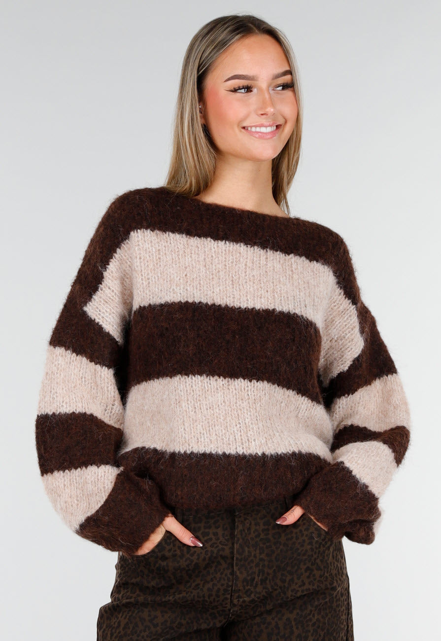Gestreepte Fluffy Trui in Bruin en Beige met Losvallende Pasvorm