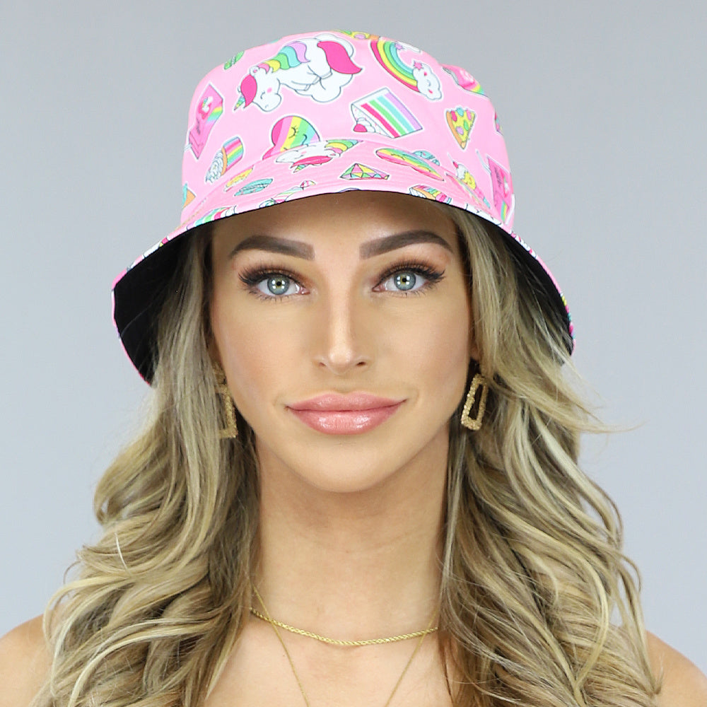 Roze Bucket Hat met Regenboog Snoepjes