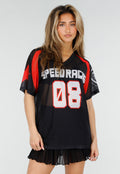 Zwart Rood Mesh Jersey T-Shirt met Print en V-hals