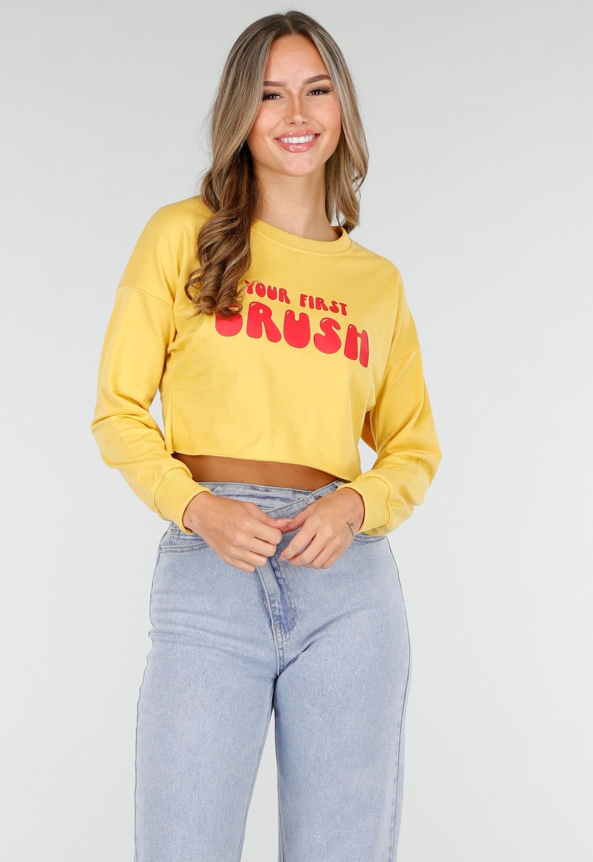 Gele Crop Top met Lange Mouwen