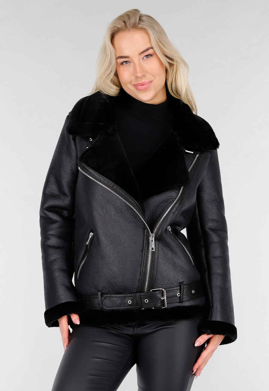 Zwarte Imitatie Leren Biker Jas met Faux Fur