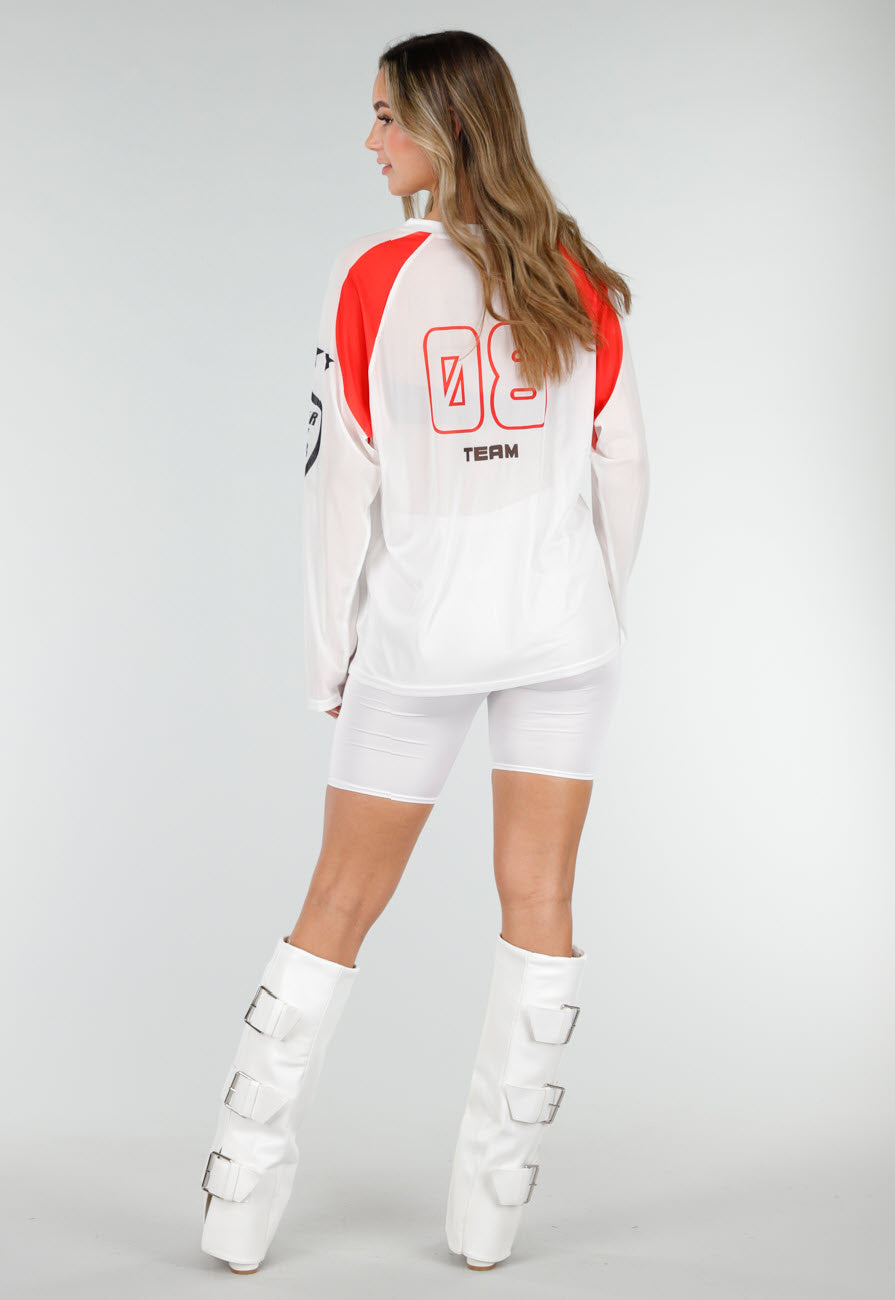 Witte Mesh Jersey Top met Lange Mouwen