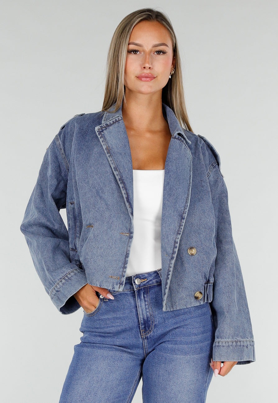 NEW020926 Blauw Kort Denim Jasje met Revers en Dubbele Knoopsluiting