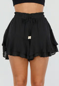 NEW010726 Zwarte Ruffle Skort met Elastische Taille en Strikkoord