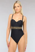 Zwart Push-Up Badpak met Geschulpte Cups en Gouden Detail